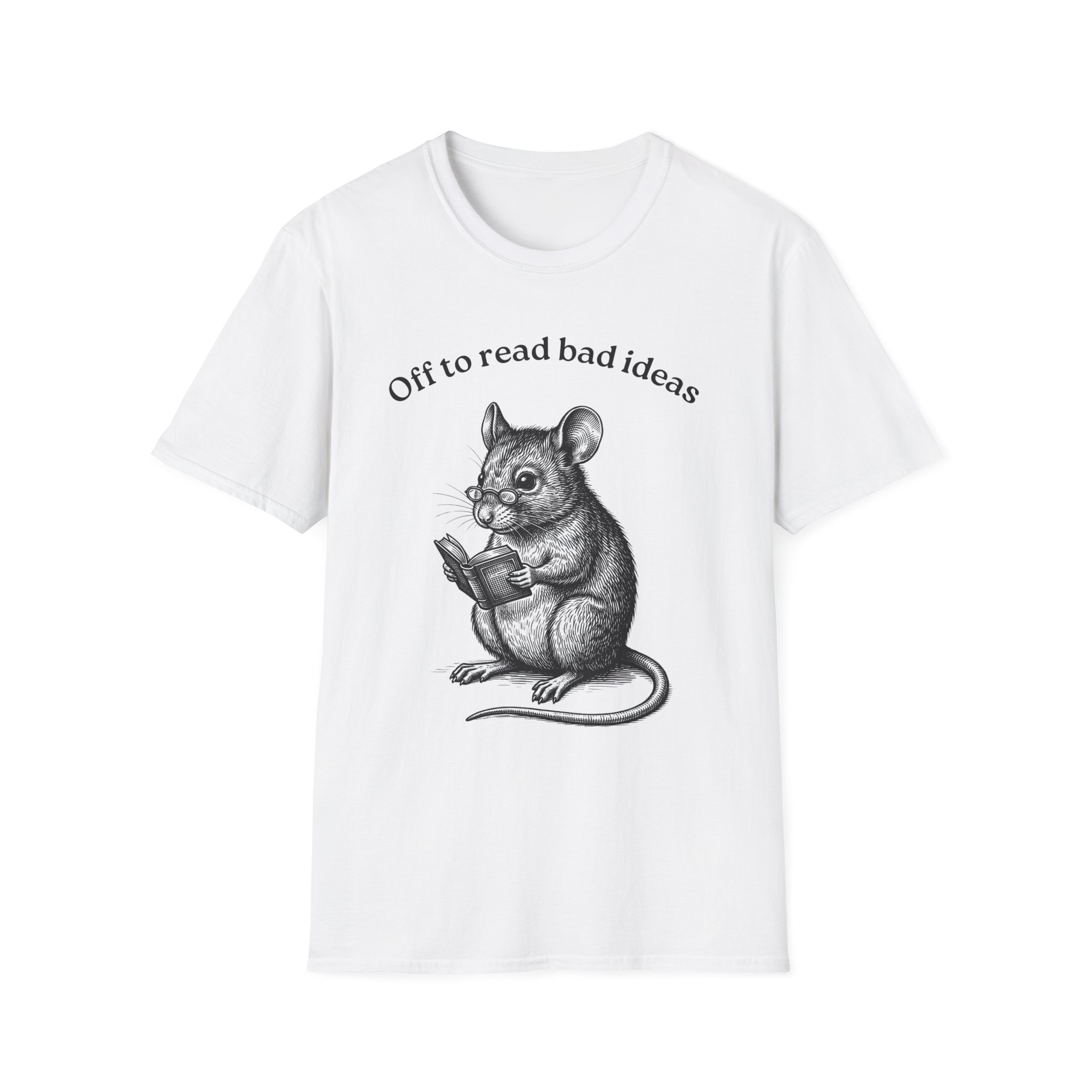 Cute Mouse Reading T-Shirt — “Off to Read Bad Ideas”