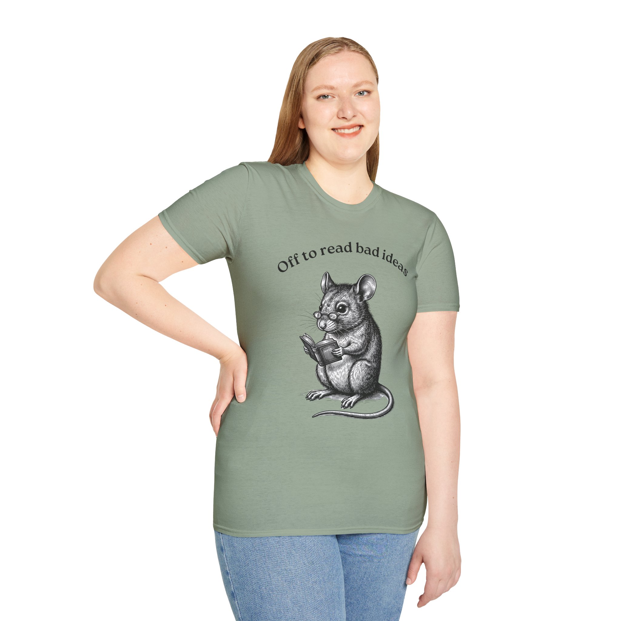 Cute Mouse Reading T-Shirt — “Off to Read Bad Ideas” - Image 14