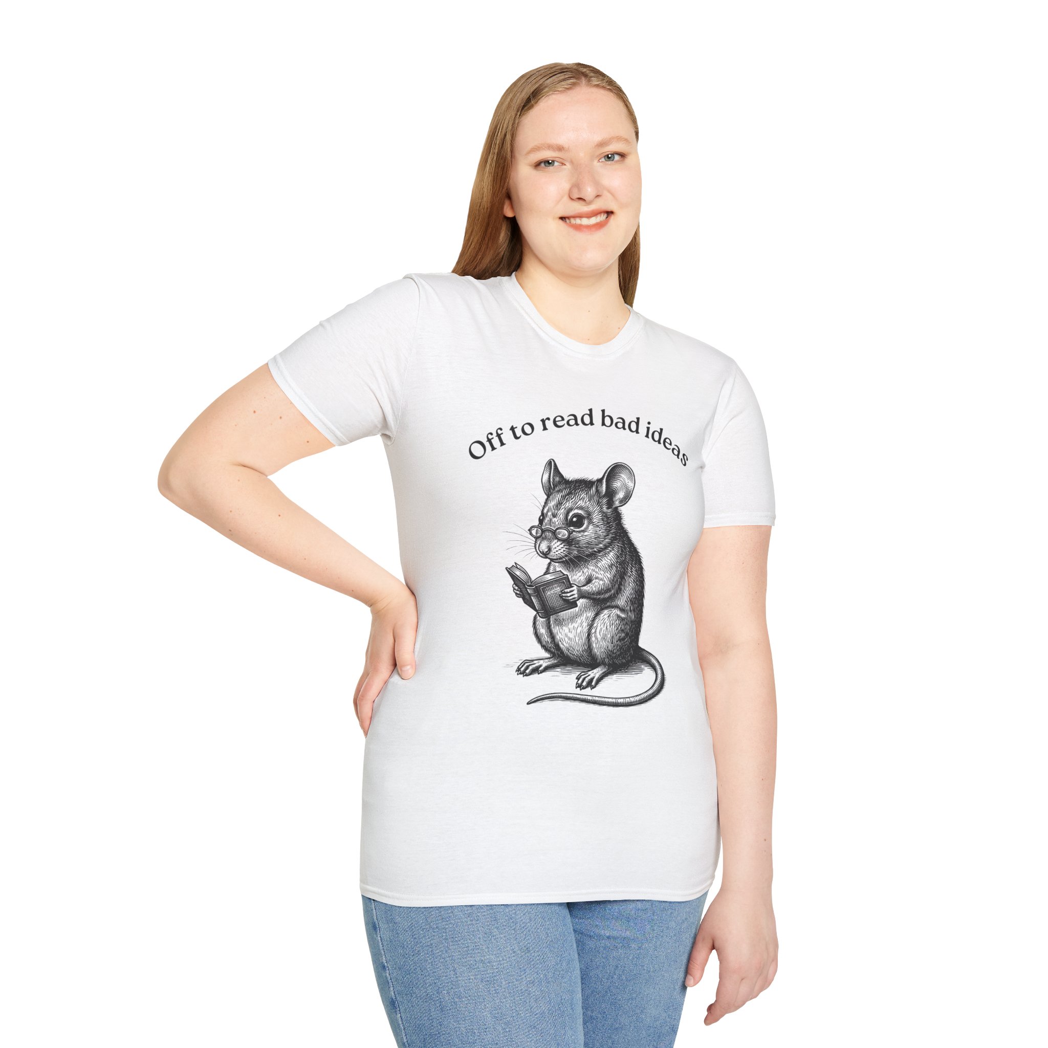 Cute Mouse Reading T-Shirt — “Off to Read Bad Ideas” - Image 3