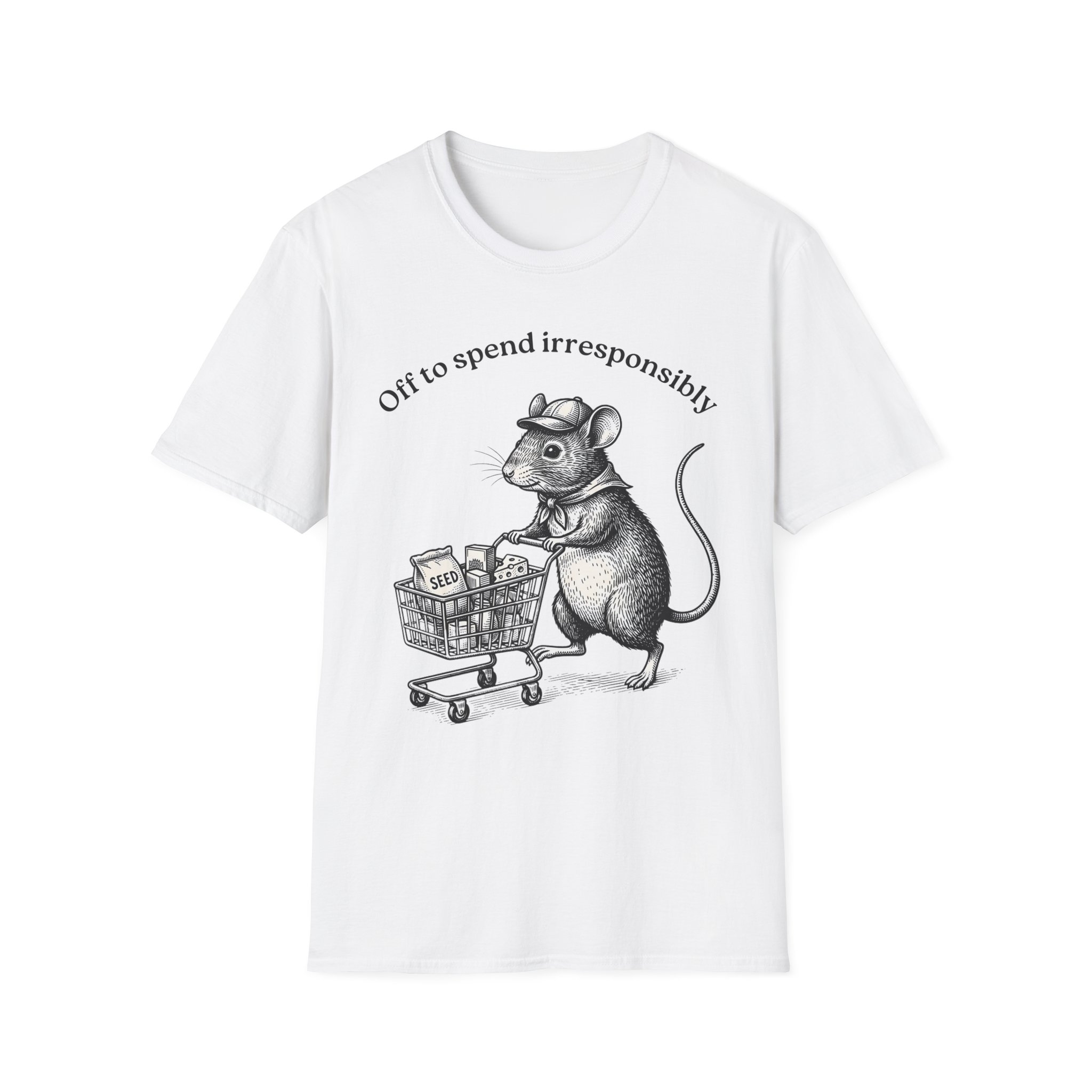 Shopping Mouse T‑Shirt — "Off to Spend Irresponsibly"